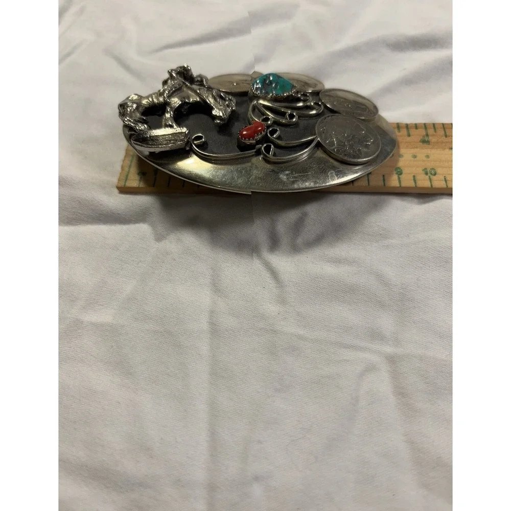 Vintage Belt Buckle With Horse & Rider,Turquoise & Red Coral Silver Tone Buckles